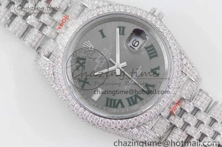 0224 Refined Datejust 41 SS Full Diamonds TWF 1:1 Best Edition Gray Roman Markers Dial on Jubilee Bracelet A 2389
